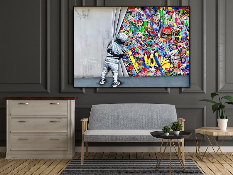 Perdeden Bakan Çocuk Pop Art Yağlı Boya Tablo